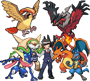 gen 5-style sprite of a customized x/y female protagonist alongside an yveltal, chesnaught, greninja, charizard, lucario, and pidgeot